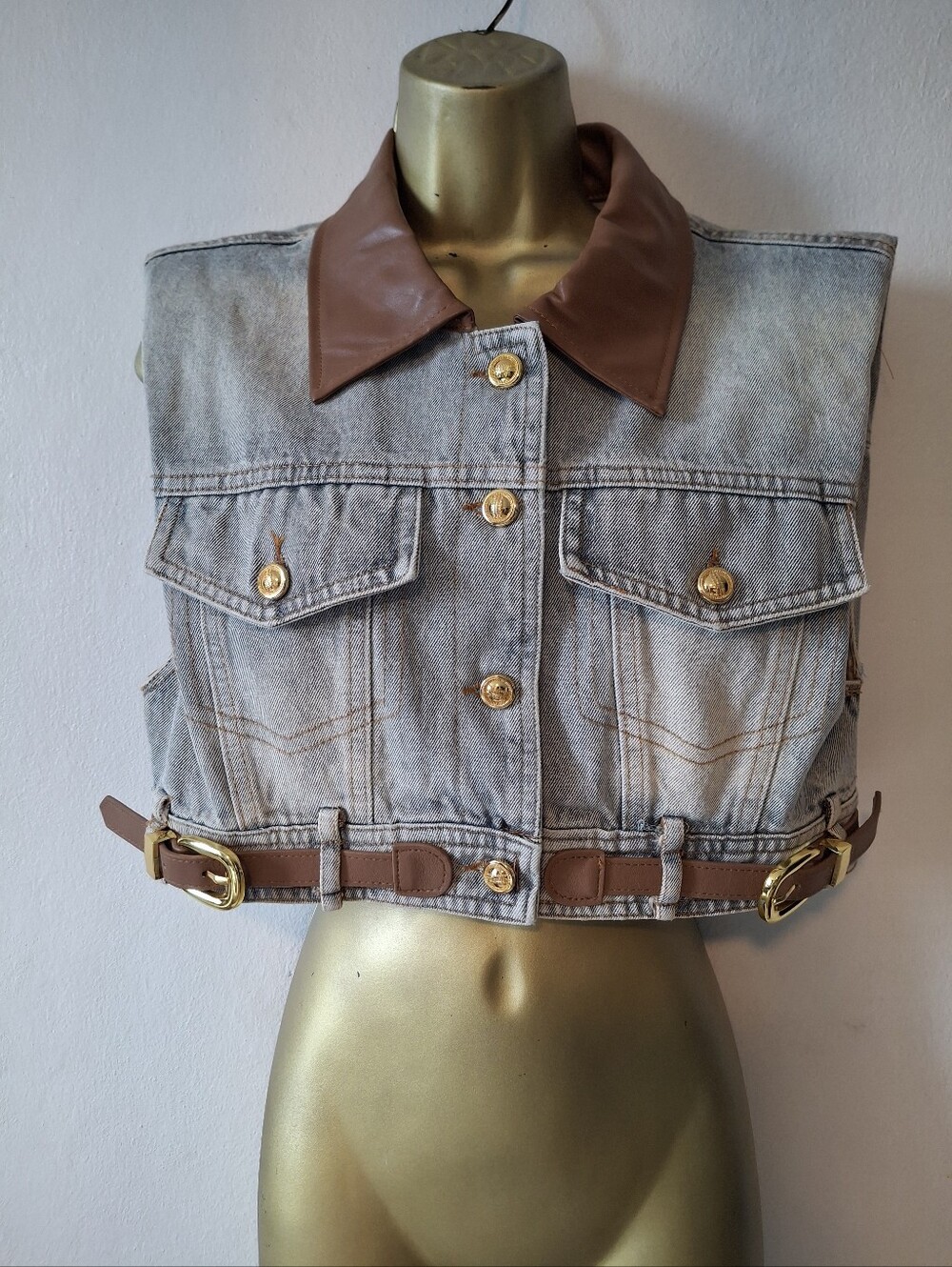 Cropped Denim Vest with Brown Faux Leather Collar & Belt